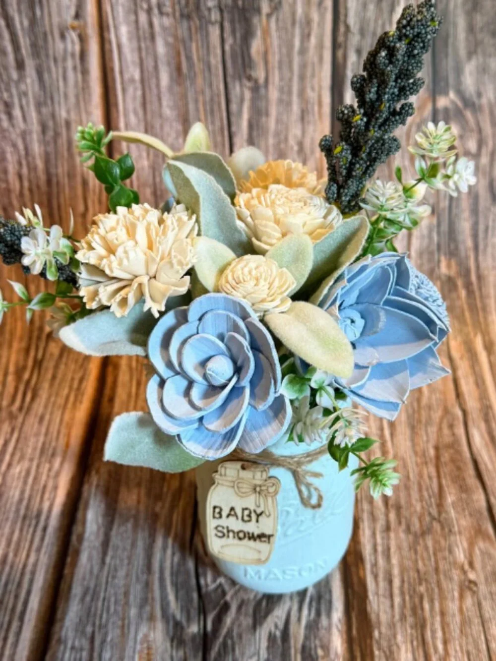 Blue Cream Sola Wood Floral Arrangement Mason Jar Baby Boy Shower Nursery Decor